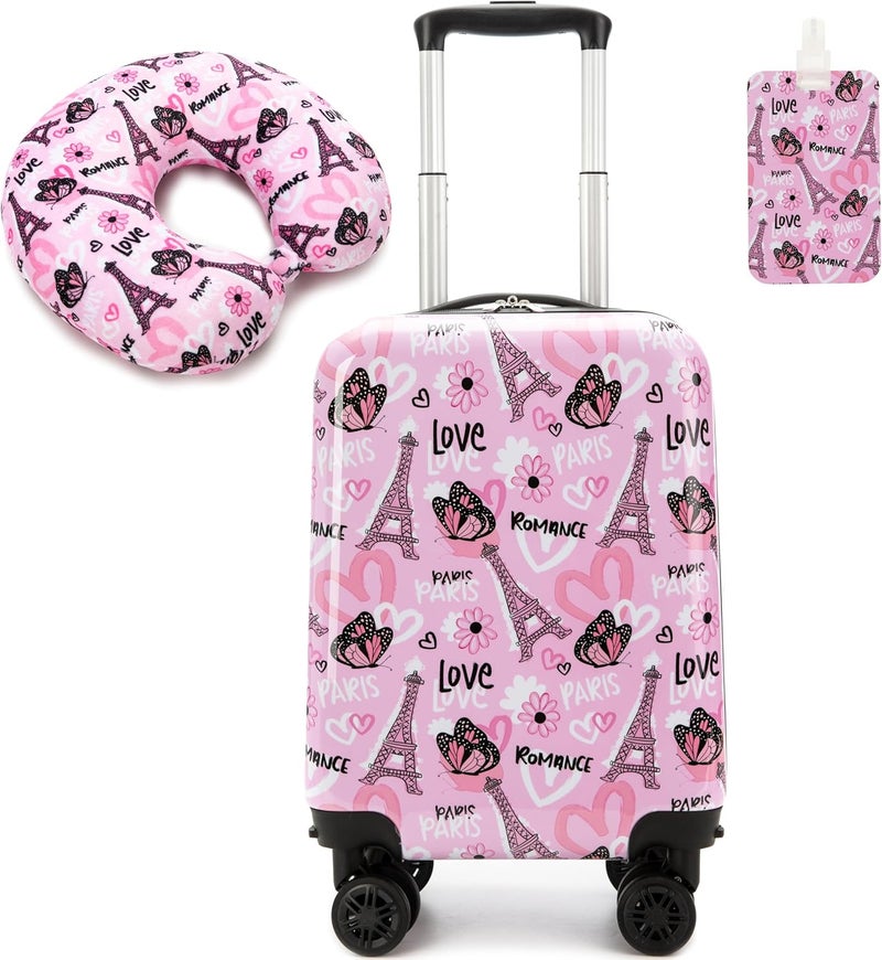 Esteemly Kid's Luggage Set 16" Hardside Luggage with Spinner Wheels 2 Piece Suitcase Set Girls Carry on Toddler Travel Rolling Suitcase with Neck Pillow Airline Approved - Image 1